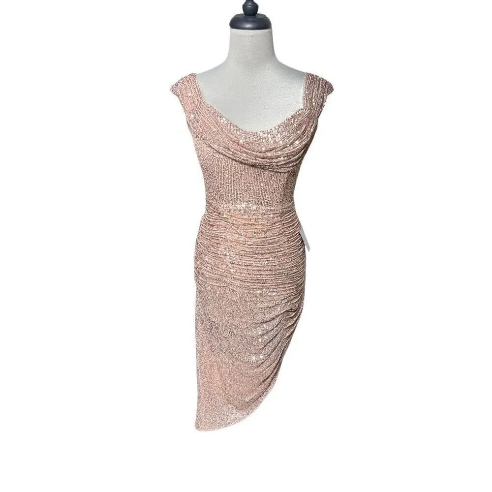 Cinderella Divine Small NWT Fitted Short Sequin Formal Dress CH190 Cold Shoulder